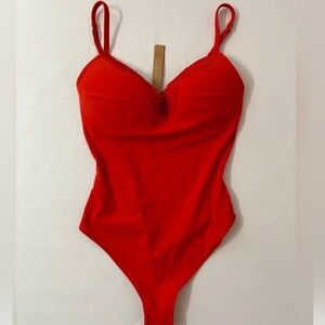 New SKIMS Fits Everybody Lace Push Up Thong Bodysuit Red Cayenne S Push-up NWT